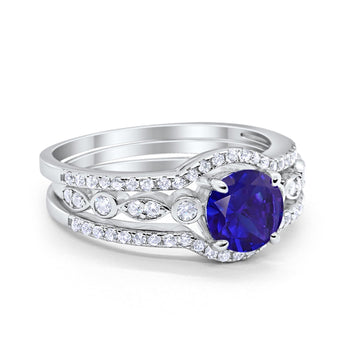 Trio Set Three Piece Wedding Ring Round Simulated Blue Sapphire CZ 925 Sterling Silver